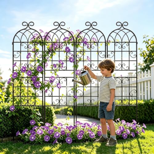 Lorenzo 72 x 80 inch Metal Garden Trellis for Climbing Plants, Black Metal Coating Rustproof, Perfect for Supporting Climbing Plants Outdoor - style: 4 Pack