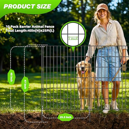 Toolterritary 10 Panels No Dig Decorative Garden Fence with Gate, 40in(H) x 26.0ft(L), Dog Fence Outdoor for Yard - Rustproof Metal Animal Barrier Fencing for Patio, Flower Bed - size: 40 in(H)×29.5in(L)