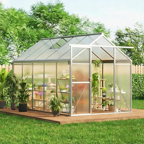 6x10 FT Greenhouse, Easy Assembly Aluminum Polycarbonate Greenhouses for Outdoors with Roof Vent, Large Aluminum Walk-in Greenhouse for Sunroom Patio, Backyard, Garden, Sliding Lockable Door, Silver - color: Silver, size: 6x10 FT