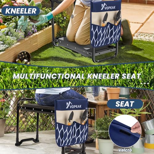 VOPEAK Garden Kneeler and Seat Heavy Duty, Foldable Garden Stool with Upgraded Widened Thick Kneeling Pad, Stable Garden Kneeler with 2 Large Tool Bags, Gardening Gifts for Women, Men, Seniors, Blue