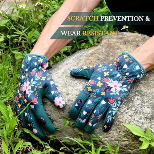 Gardening Gloves for Women, Breathable Leather Garden Gloves,Gardening Gift - color: Green - Pink Flower