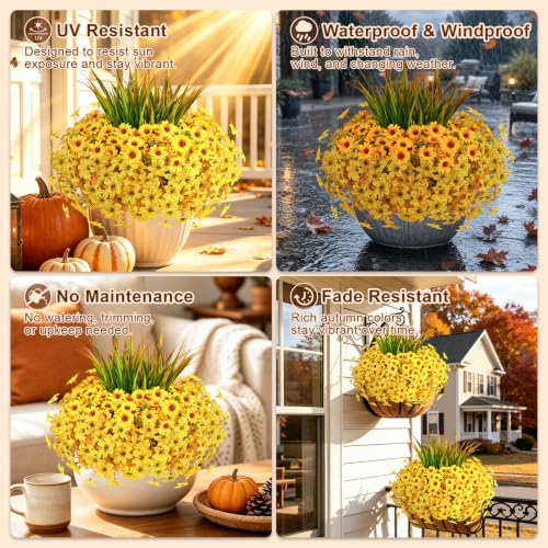 18PCS Artificial Fall Flowers Outdoors, UV Resistant Fake Mums with Grass - color: Yellow Daisies & Violets & Grass
