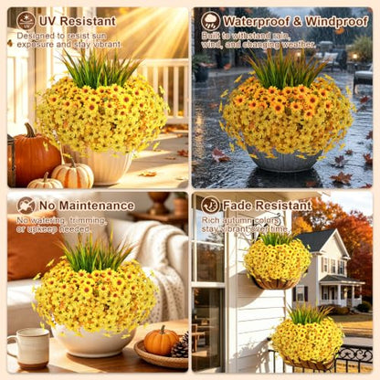 18PCS Artificial Fall Flowers Outdoors, UV Resistant Fake Mums with Grass - color: Yellow Daisies & Violets & Grass