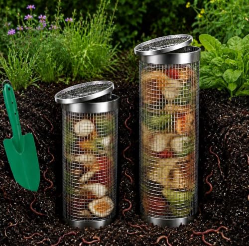 2 Pack Stainless Steel Worm Compost Bin, In Ground Compost Container with Lid and Garden Shovel, Underground Vermicomposting System for Kitchen Scraps Recycling, Outdoor Garden Use