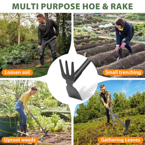 Weed Puller Tool with 45.5" Long Handle, 2 in 1 Small Garden Weeding Hoe & Rake, Handheld Stand Up Hoe Garden Tool for Lawn, Garden, Yard, Flower Bed, Patio & Small Farm
