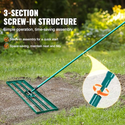 VEVOR Lawn Leveling Rake, 48""x10"" Level Lawn Tool, Heavy-Duty Lawn Leveler with 78"" Steel Extended Handle, Yard Leveling Rake Suit for Garden, Golf Lawn, Farm, Green - size: 48x10 in, style: Classic: Alloy
