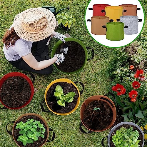 6-Pack Fabric Grow Bags 5 Gallon – Colorful 300G Thickened Nonwoven Planter Pots with Sturdy Handles, Breathable Garden Bags for Vegetables, Potato, Flowers - size: 5 Gallon