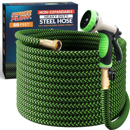PowerFlow Metal Garden Hose, 50 Ft Non-Expandable Water Hose, Green - color: Green, size: 50 Feet