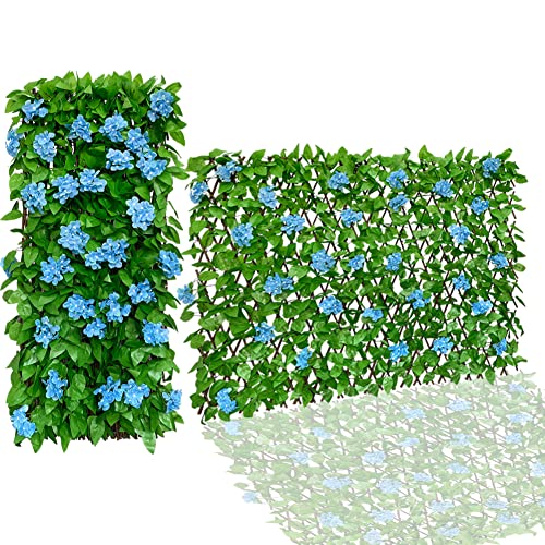86 York Expandable Fence Privacy Screen Faux Ivy Decorative for Outdoor Garden Wall Patio Balcony, Artificial Hedge Lattice Fencing(Single Sided Leaves) (4, Hydrangea-Blue) - color: Blue