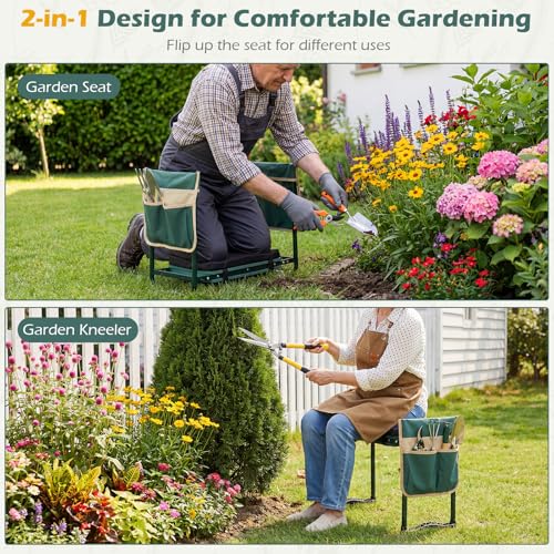 Goplus Foldable Garden Kneeler and Seat, 11" Wide 2-in-1 Gardening Bench, Detachable Thick EVA Foam Pad, 350 lbs Heavy-Duty Metal Frame, Tool Pouch, Portable Stool, Gardening Kit for Seniors (Green) - color: Green, style: With Kneeling Pad