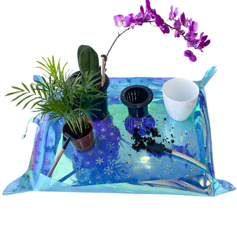 Kasepie Plant Repotting Mat, PVC, Foldable and Waterproof, Holographic Blue with Snowflake Design, 19 x 27 Inch (Blue+Cross Pattern) - color: Blue+cross Pattern