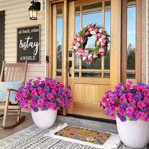 Hrobek Artificial Flowers for Outdoors Faux Petunias Plants UV Resistant - color: Dark Purple Light Purple