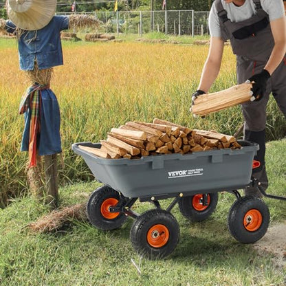 VEVOR 800lbs Poly Dump Garden Cart, Heavy Duty Yard Dump Cart Wagon, 4 Wheel Wheelbarrow with 10in Tires, 180°Rotating Handle, Steel Frame and Quick Release System - color: Gray