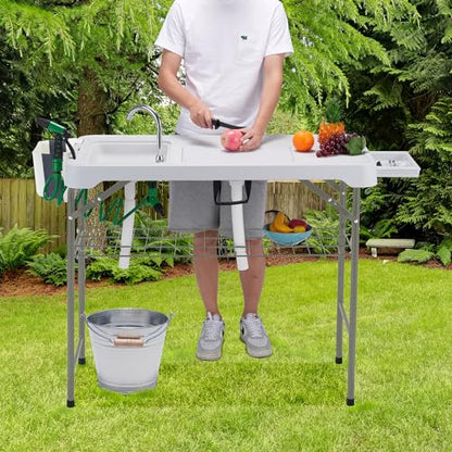 Dragosum 42" Outdoor Fish Cleaning Table with Double Sinks & 6pc Kit (Grey) - color: White & Grey, size: without Grill Extension Board