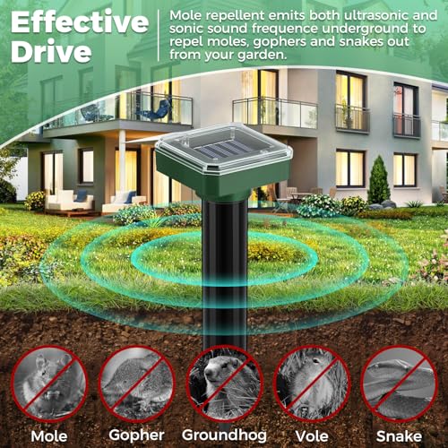 Mole Repellent Solar Powered 10 Pack,Upgraded Ultrasonic Gopher & Vole Deterrent, IP44 Waterproof Snake Repeller, Solar Sonic Spikes for Pest Control in Large Lawns Gardens & Farms