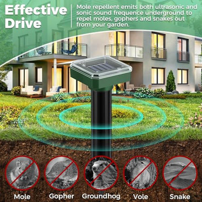 Mole Repellent Solar Powered 10 Pack,Upgraded Ultrasonic Gopher & Vole Deterrent, IP44 Waterproof Snake Repeller, Solar Sonic Spikes for Pest Control in Large Lawns Gardens & Farms