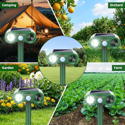 2026 Solar Ultrasonic Animal Repellent Outdoor 4 Pack Deer Squirrel Deterrent with Motion Sensor & Flashing Light, Sonic Racoon Fortress Pro Repeller to Keep Cat Rabbit Dog Out of Yard & Garden