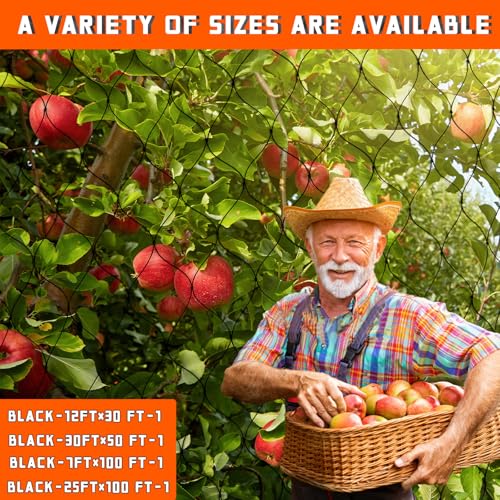 Black Bird Netting for Garden Protection Reusable Heavy Duty Garden Mesh Net Fruit Tree Netting Pest Barrier Bird Fence Protect Fruit Trees Vegetable with Ties and Staples (7' x 100')