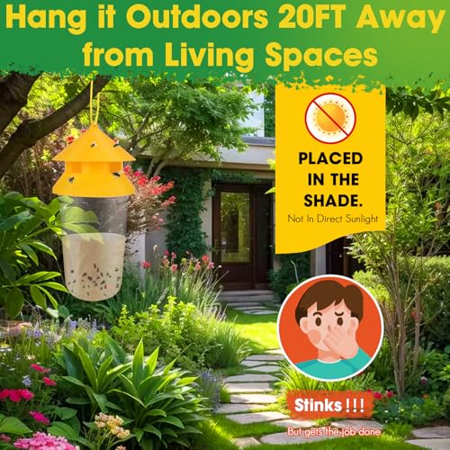 Outdoor Fly Traps, 2 Pack Reusable Hanging Fly Trap for Patio with 12 Non-Toxic Dissolvable Bait Refills, Insect Bug Catcher Killer for All Filth Flies with Ties for Outside Bug Control Yard Ranch