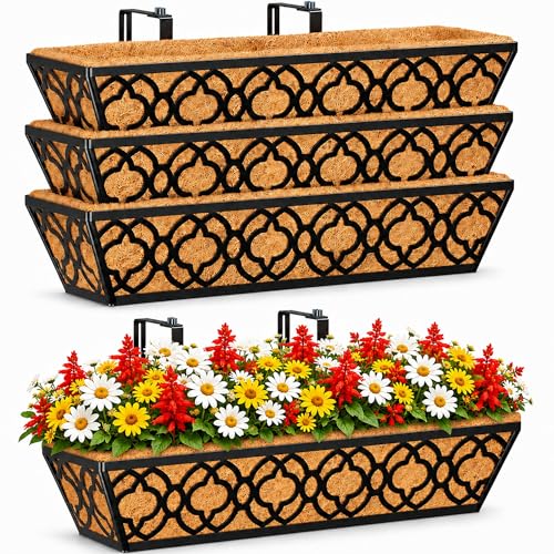 HFHOME 24 Inch Deck Railing Planter Box with Horse Trough Coco Liner, 24" Window Boxes with Coconut Coir Liner, Black Metal Hanging Flower Planter Basket for Outdoor Indoor Lawn - 4 Pack - size: 24 Inch 4-Pack Floral-Pattern