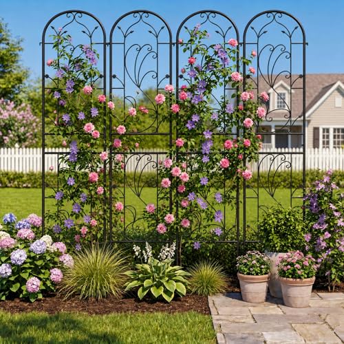 2-Pack 87" x 20" Sunflower Scroll Arch Black Metal Garden Trellises - color: 2 Pack 87"- Sunflower Black