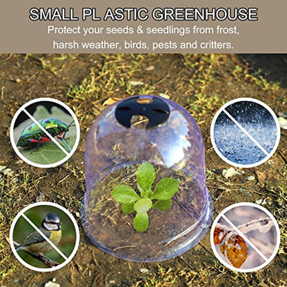 MorTime 6 Pack Garden Cloche Plant Dome, 7.3" D x 6.9" H Plastic Plant Bell Cover Reusable Mini Greenhouse with 18 Ground Securing Pegs & 10 Plant Labels for Outdoors Frost Freeze Protection