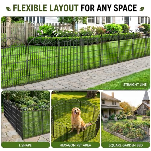 No Dig Garden Fence Outdoor for Yard, 10 Panels with Gate - size: 34 in(H) X 22 ft(L)