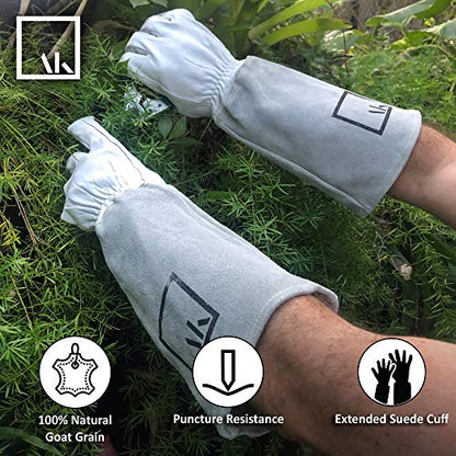 ArtAK Rose Pruning Gloves - Long Leather Gauntlet Gardening Gloves for Women, Cut Proof and Thorn Proof for Rose Gardening - White M - size: Medium White