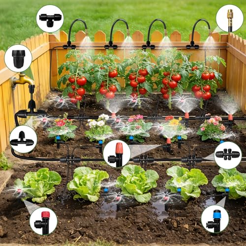 260FT Drip Irrigation System for Garden with 38pcs Adjustable Copper Nozzles & Emitters, Automatic Garden Watering System with 1/2" & 1/4" Tubing for Raised Bed, Yard, Greenhouse, Potted Plants, Lawn - size: 63FT 1/2'' Main Tube + 197FT 1/4'' Drip Tube