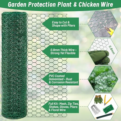 Convivium Plant Protectors from Animals, 0.8mm Free-Cut Green Chicken Wire Mesh, PVC Coated Tree Trunk Guard & Garden Fence for Outdoor Plants with Zip Ties, Stakes, Pliers, Gloves（33Ft*16In） - size: 33Ft*16In