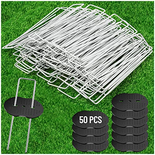50Pcs Garden Landscape Staples Set, 40Pcs Galvanized Stakes + 10Pcs Gasket, 6 Inch 11 Gauge Heavy Duty Galvanized Landscape Pins Staples for Securing Lawn Fabric, Weed Barrier - size: 50Pcs