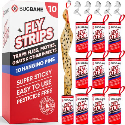 Fly Strips Indoor Sticky Hanging 10pk with Pins. Non Toxic Outdoor Fly Trap Indoor for Home. Flies Tape Paper Trap Ribbon Roll for House Gnat Fruit and Housefly. Bug Catchers for Inside Home Flypaper. - size: 10 count