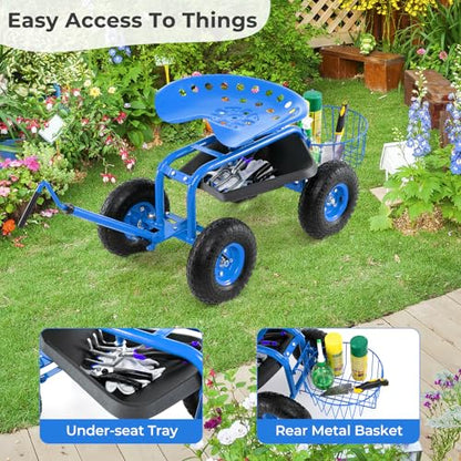 IRONMAX Garden Cart with Seat, Gardening Rolling Stool Scooter with 10’’ All-Terrain Wheels, Adjustable Steering Handle & Tool Tray and Basket for Outdoor Planting (Blue) - color: Blue