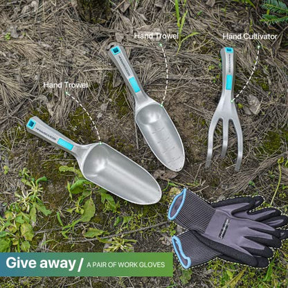 GOODSMANN Garden Tools Set, 3 Piece All One Piece Die-Cast Aluminum Gardening Kit, Hand Trowel, Marker Measurements Transplanter and Cultivator Garden Hand Shovel for Digging Weeding Planting