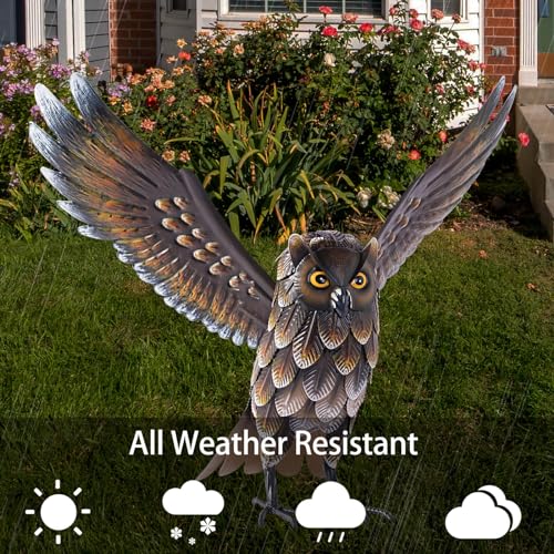 Natelf Garden Owl Sculptures & Statues, Standing Metal Bird Yard Art Sculpture for Patio Backyard Pond Outdoor Decorations - color: Brown