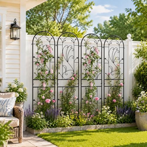 4-Pack 87" x 20" Sunflower Scroll Arch Black Metal Garden Trellises - color: 4 Pack 87"- Sunflower Black
