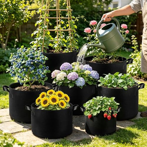 5-Pack 5 Gallon Grow Bags, Thickened Nonwoven Fabric Plant Pots with Handles, Heavy Duty 300G Garden Pots for Vegetables, Flowers and Fruit - color: Black, size: 5 Gallon