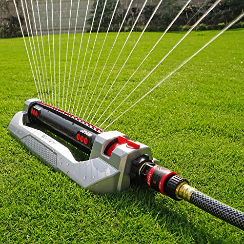 Eden 96216 Heavy Duty Turbo Oscillating Sprinkler, Covers Up to 4,900 sq. ft., 20 Precision Nozzles, Aluminum Base, Flow and Width Control, Adjustable Range, Quick Connects, Filters - style: With Triple Nozzle Switches