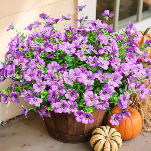 Daisy Artificial Flowers for Outdoors Decor, 12 Bundles Faux Daisy with Eucalyptus Fake Plants Greenery UV Resistant Look Real Colorful Faux Flowers for Outside Planter Porch Patio Yard Garden, Purple - color: Purple