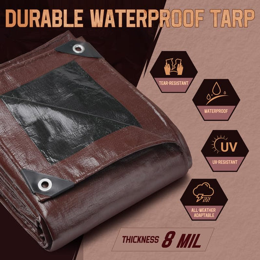 10x10 Tarp 8 Mil Waterproof Tarp Multipurpose Poly Tarpaulin Brown/Black - color: Brown/Black, size: 10x10