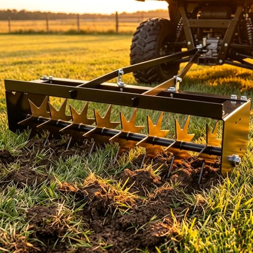 32 Inch Plug Aerator, Lawn Aerator Tow Behind with Universal Hitch, Heavy‑Duty Rust‑Resistant Pull Behind Aerator with Folded Edge Tray, Core Aerator Lawn Tool for Farm & Garden Tractors