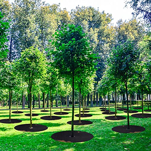 4 Pack Non-Woven Tree Mulch Ring, 32 Inch Degradabl Tree Protection Mat, Weed Barrier Round Mats with 10 Staples Stakes for Weed Growth RootProtection Resistant and Reusable - color: Black 32IN