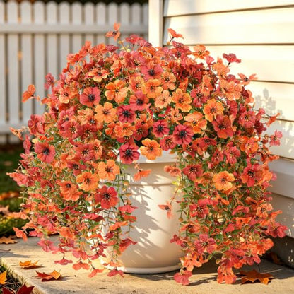 INQCMY Artificial Fall Flowers for Outdoors Faux Mums UV Resistant - color: Orange Fall Red