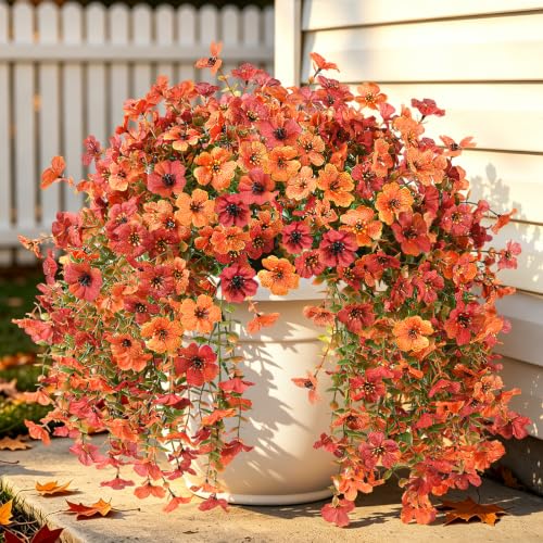 INQCMY Artificial Fall Flowers for Outdoors Faux Mums UV Resistant - color: Orange Fall Red