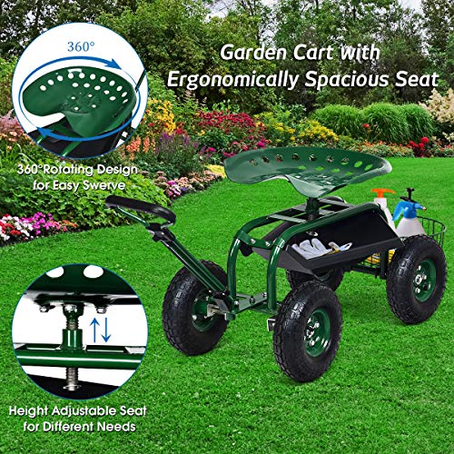 Rolling Garden Cart with Seat, Heavy Duty Gardening Scooter w/Wheels, Storage & Extendable Steering Handle, Garden Work Seat for Planting, Green