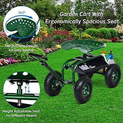 Rolling Garden Cart with Seat, Heavy Duty Gardening Scooter w/Wheels, Storage & Extendable Steering Handle, Garden Work Seat for Planting, Green