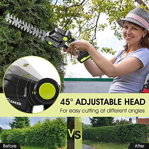 Saker 20V Cordless Hedge Trimmer,2 in 1 Bush Trimmer with 2 Battery - color: GREEN HEDGE TRIMMER+2 BATTERIES