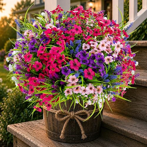 AXYLEX Artificial Flowers for Outdoors, 16 Bundles Fake Plants (Multi 16) - color: 16 Pcs - Pink+purple+red Pink+lavender