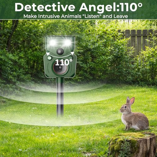 Solar Ultrasonic Animal Repellent Outdoor – Motion Activated, IP65 Waterproof, Designed to Discourage Unwanted Animals in Yard – Deer, Coyote, Cats, Squirrel, Raccoon with LED Flashing Lights
