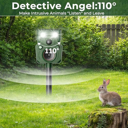 Solar Ultrasonic Animal Repellent Outdoor – Motion Activated, IP65 Waterproof, Designed to Discourage Unwanted Animals in Yard – Deer, Coyote, Cats, Squirrel, Raccoon with LED Flashing Lights